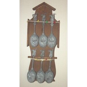 Antique WWI German Holland VOLENDAM Battle of Texel 6 Pewter Spoon SET & Holder